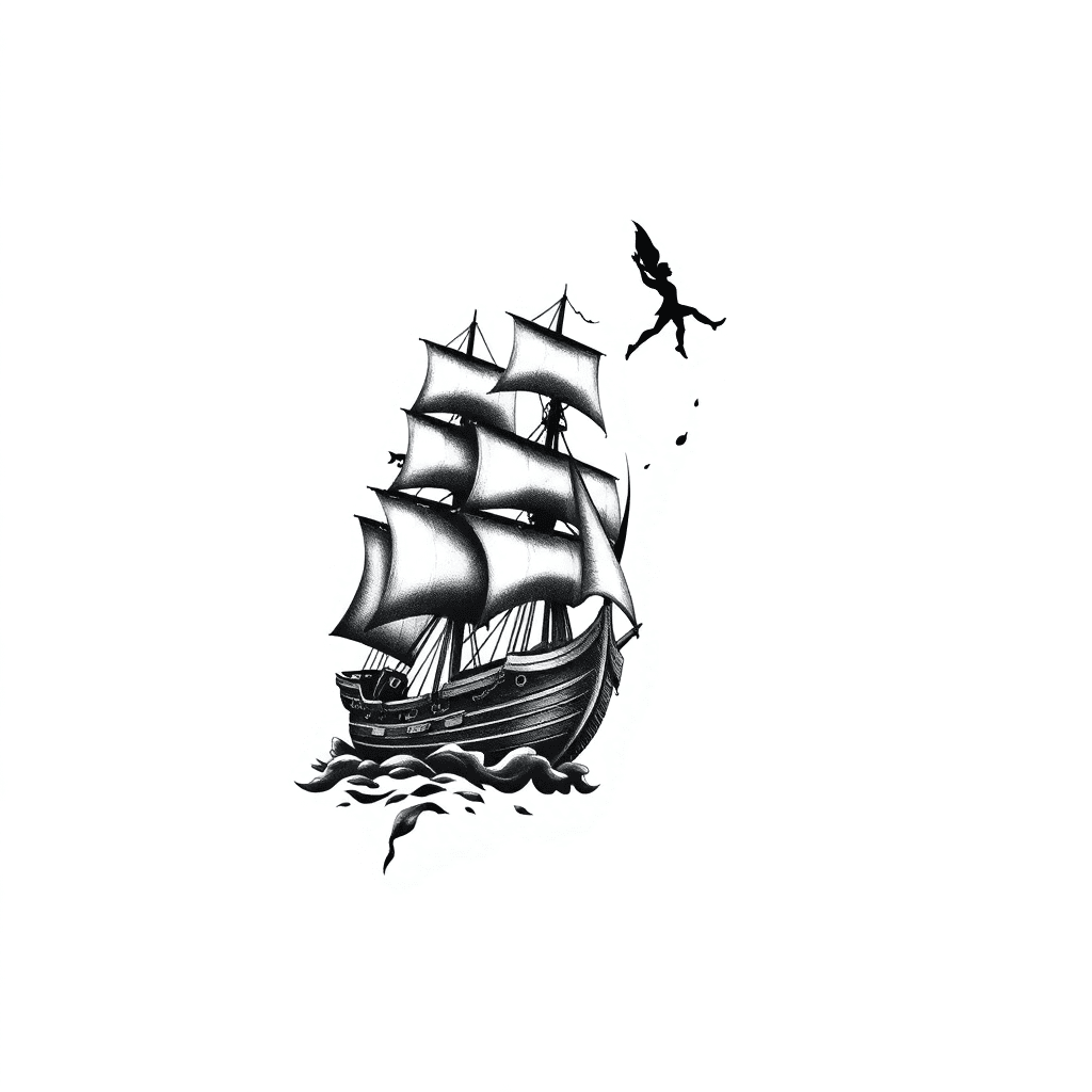 Forearm Tattoo Of Capt Hooks Pirate Ship And Peter Pan