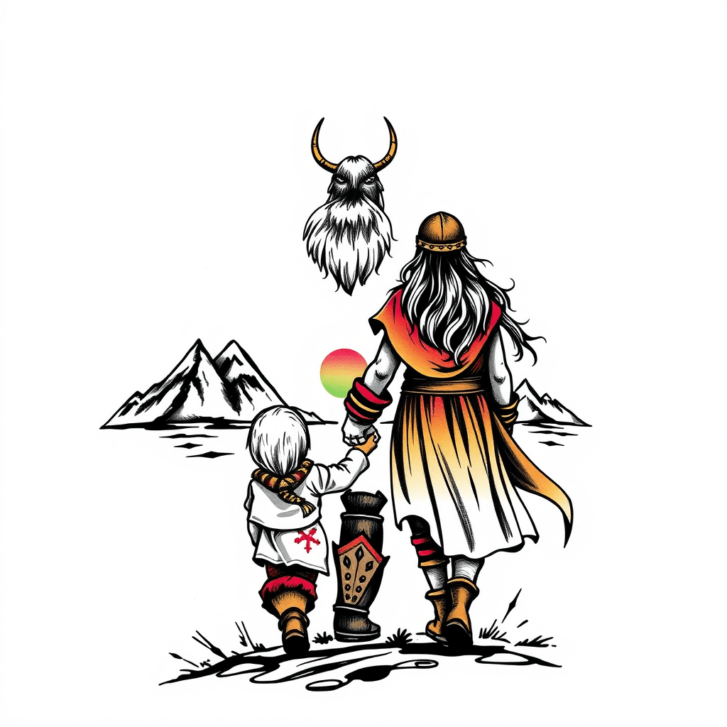 A Viking Father And Daughter Holding Hands Walking Towards Small Mountains With Northern Lights
