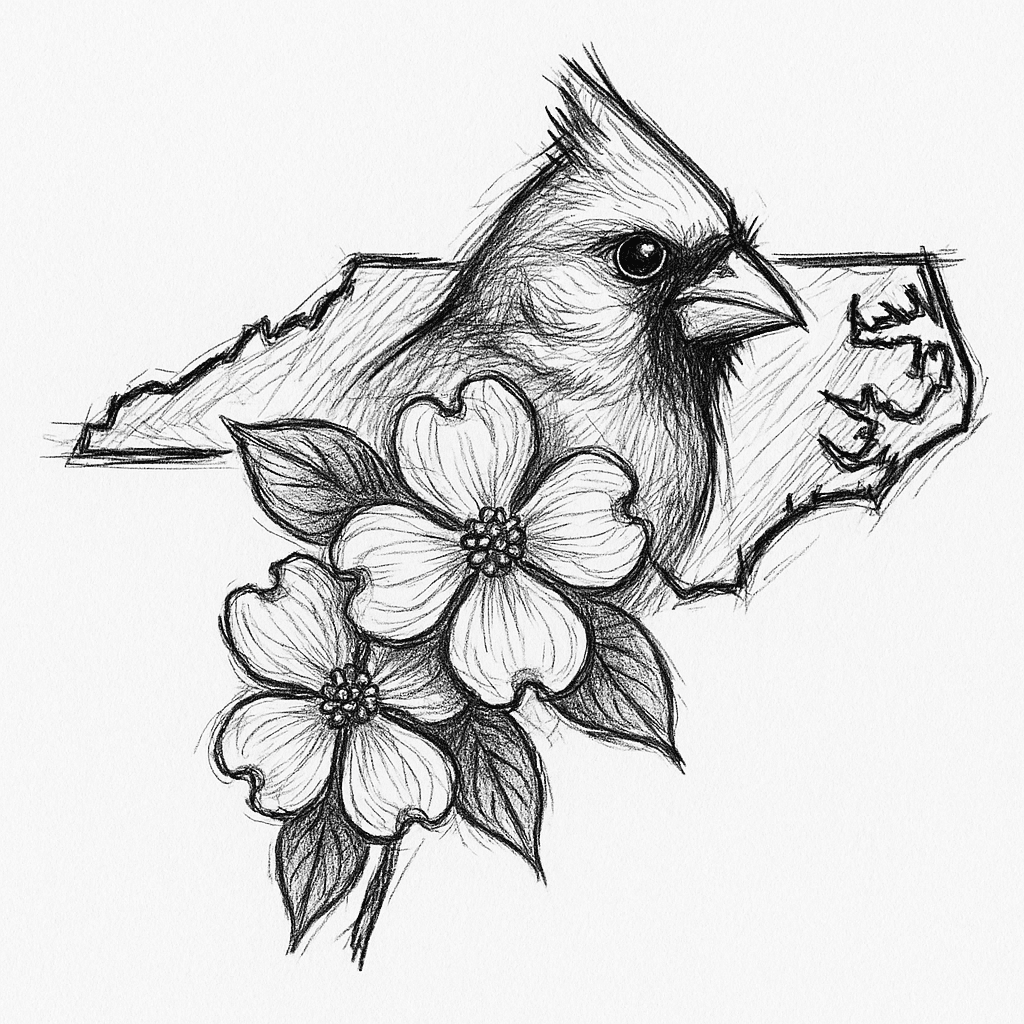 North Carolina Outline With Cardinal Face And Dogwood Flowers