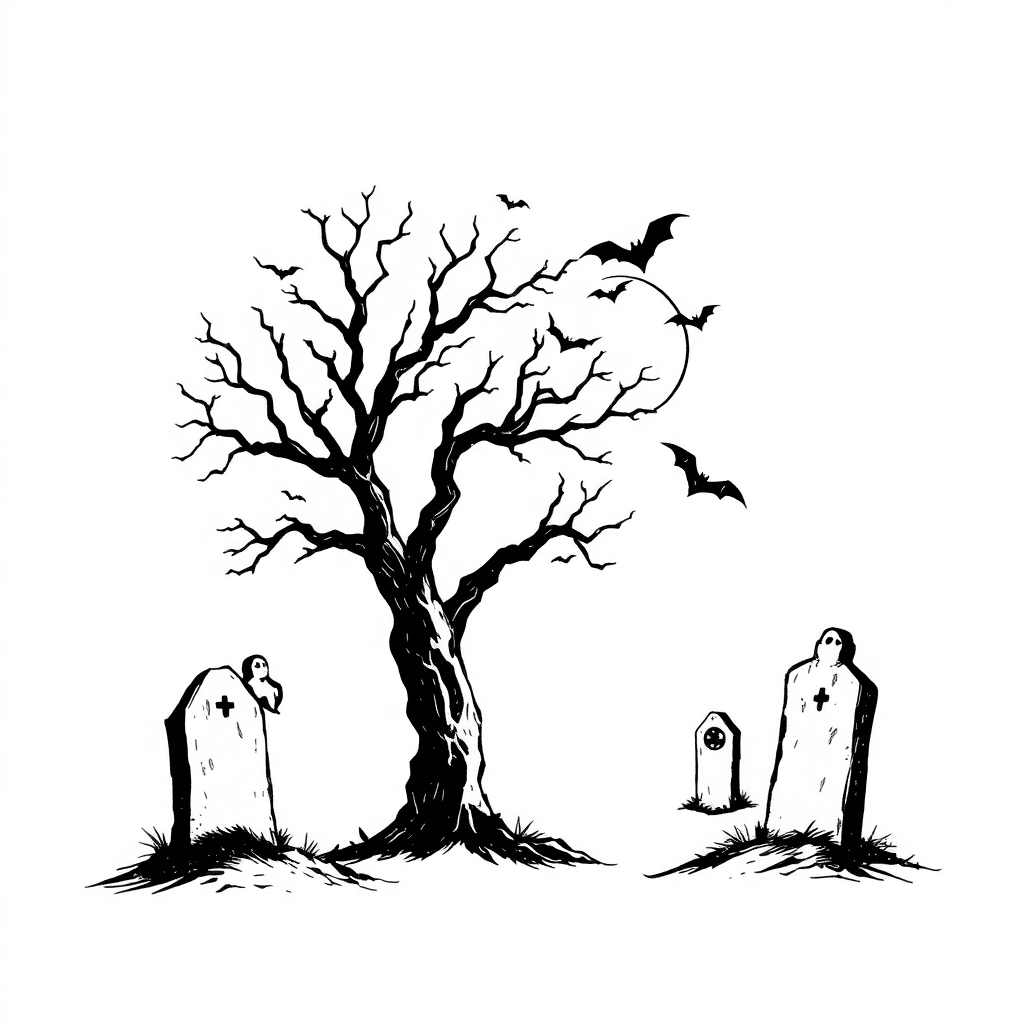 Graveyard With Tree Bats And Moon