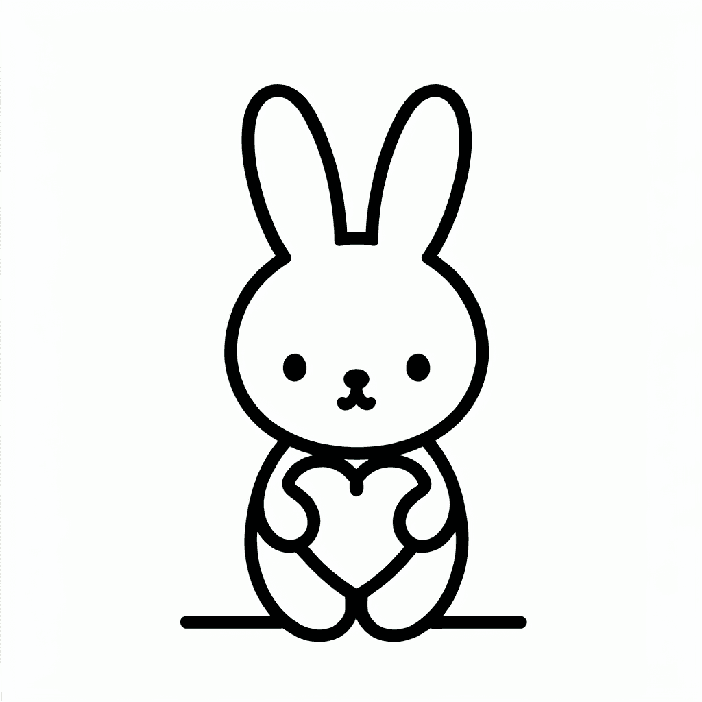 Single line "simple molang sanrio style cute chubby bunny plush holding a love heart tiny eyes medium long ears lopped round symmetrical rabbit" Tattoo Design