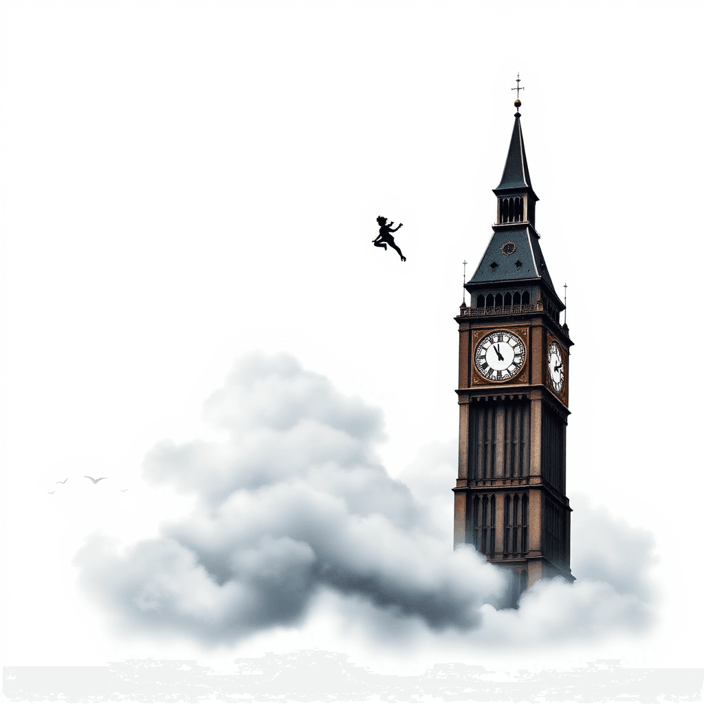 Clock Tower With Silhouette Of Peter Pan Flying Surrounded By Clouds And Fog