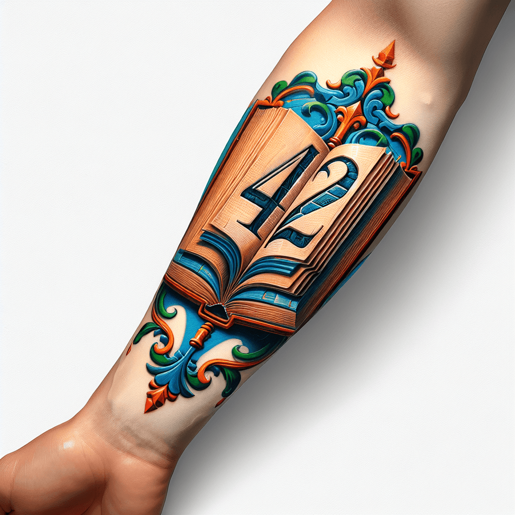 Forearm Tattoo Of Open Antique Book With “42” Etched Into The Page