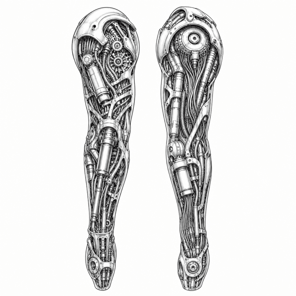 full Arm Sleeve Tattoo Design, Biomechanical Style, Inspired By H.r. Giger And Cyberpunk Aesthetics. Intricate 3d Realism, Showing Metallic Pistons, Exposed Gears, Hydraulic Tubes, And Fiber-optic Ca
