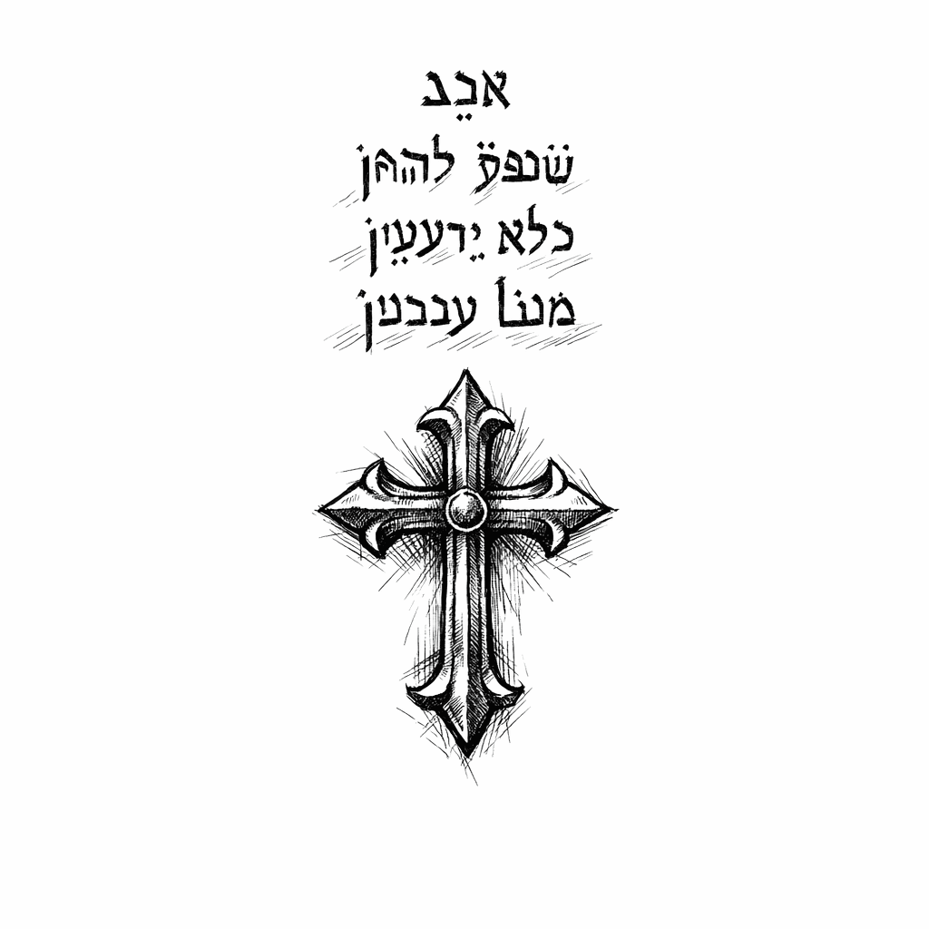 “krijo Një Tatuazh Për Brendësinë E Parakrahut, Vertikal. Teksti Kryesor Është Në Aramaisht:
ܐܒܐ ܫܒܘܩ ܠܗܘܢ ܕܠܐ ܝܕܥܝܢ ܡܢܐ ܥܒܕܝܢ
poshtë Tekstit Vendos Një Kryq Të Vjetër, Me Stil Antik, Që Ruan Ndjesin
