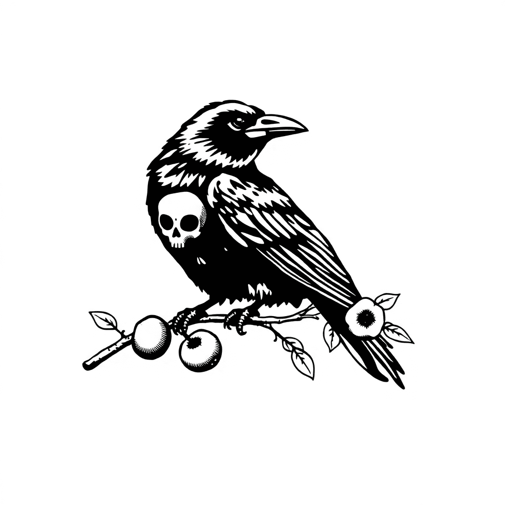 A Raven Sitting On A Plum Branch With A Skull As His Chest