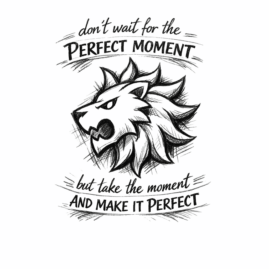 Vorrei Il Simbolo Fedele All Anime Di Escanor Il Leone Della Superbia, Circondato Dalla Frase :" Don T Wait For The Perfect Moment, But Take The Moment And Make It Perfect ". In Bianco E Nero.