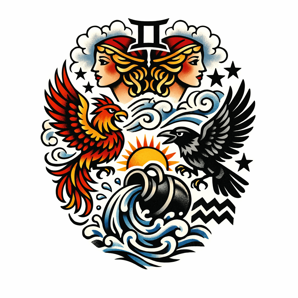 Colorful Tattoo, Gemini And Aquarius, Air And Water, Phoenix And Raven