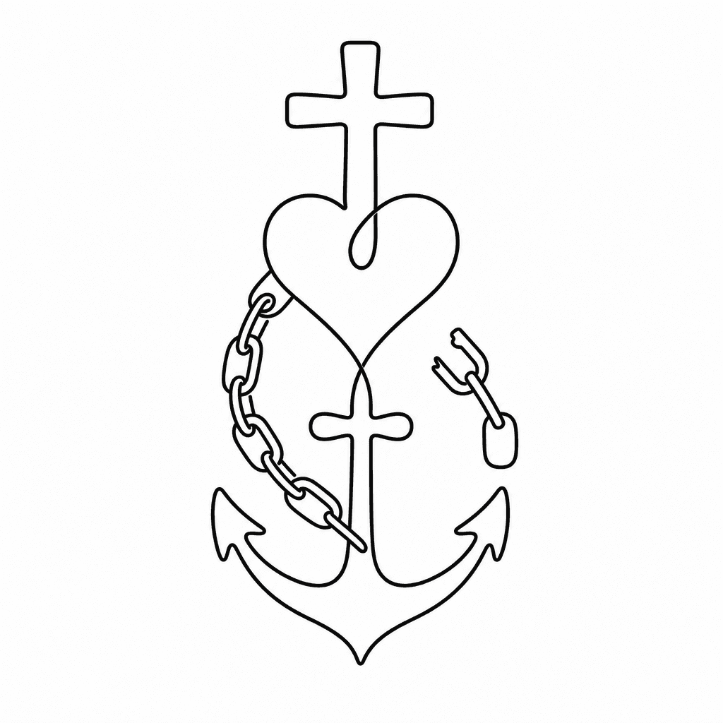 A Tattoo With An Anchor, A Broken Chain, A Cross And A Heart Incorporated All Into One