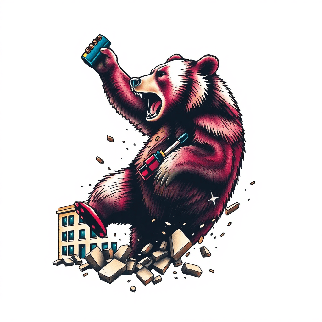 Please Create A Tattoo Design Of A Bear Smashing Or Tearing Down A Building.