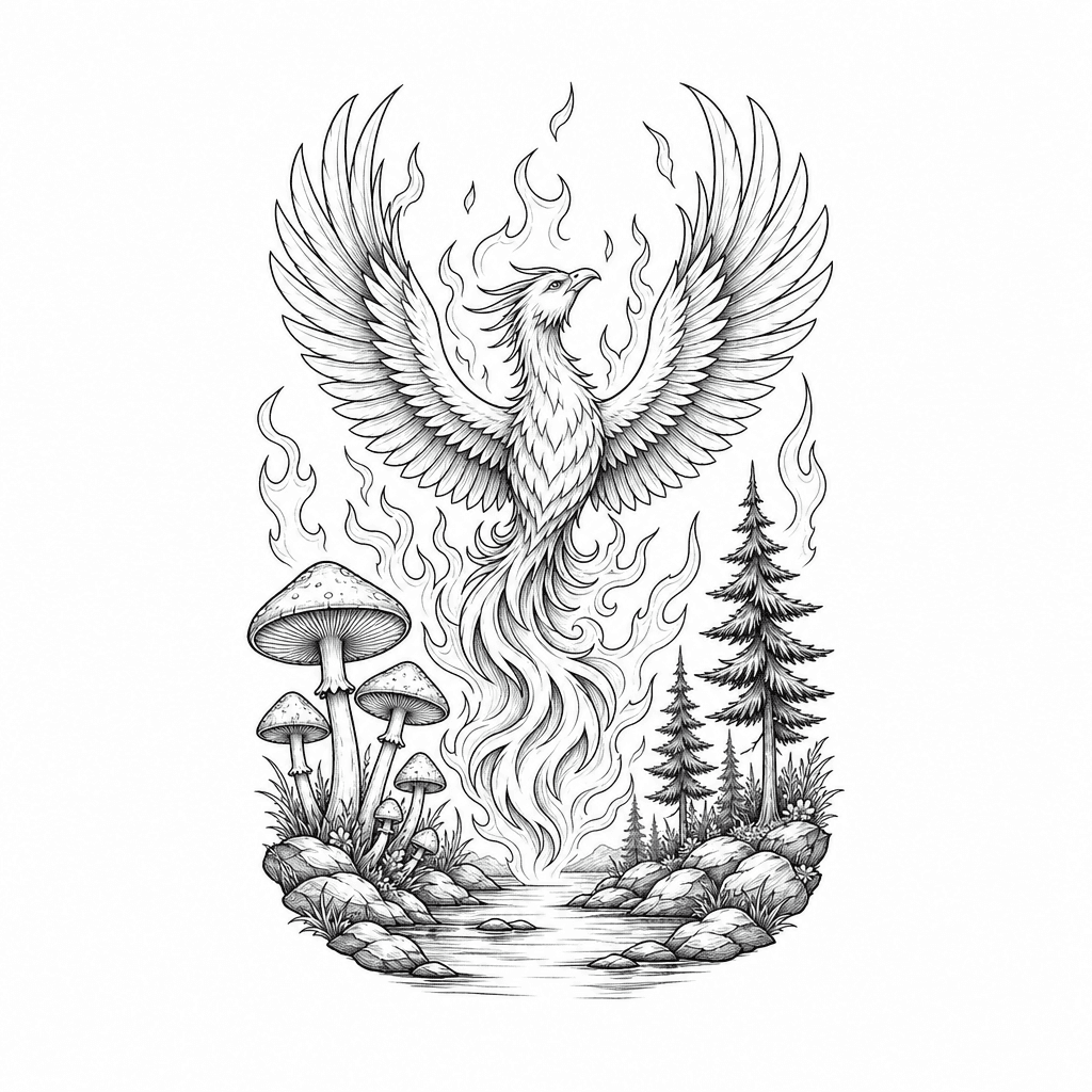 A Phoenix With Flames And Mushrooms And Trees On A River Bank