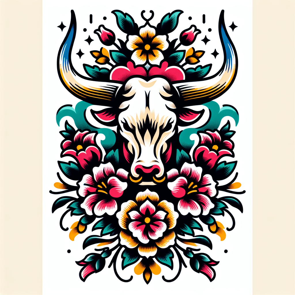Traditional "Steer horns with flowers" Tattoo Design