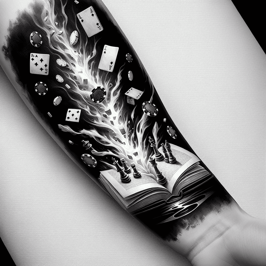 Forearm Tattoo Of An Open Book Titled “hiraeth” With Poker Chips And Chess Pieces Shooting Out With Smoke And Mist Framed With A Border