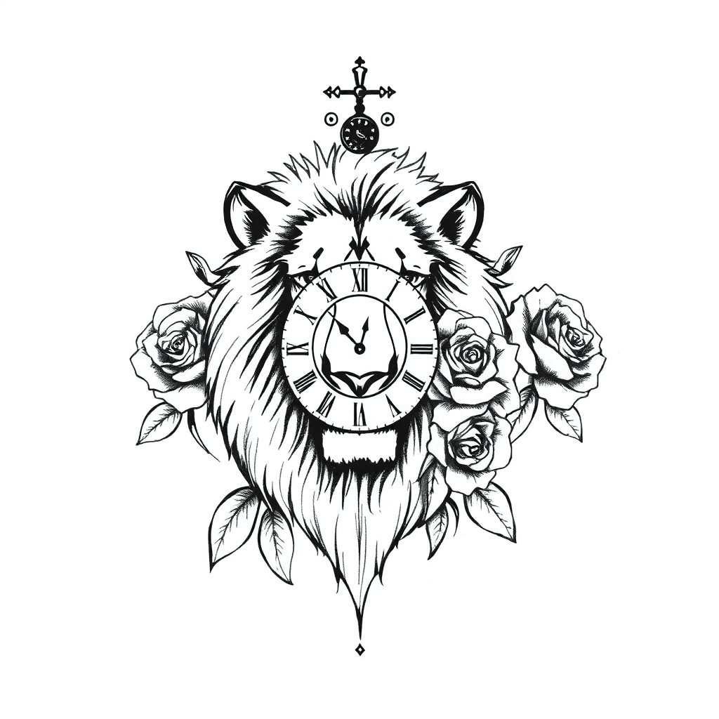 Lion Reflection With Roses And A Clock