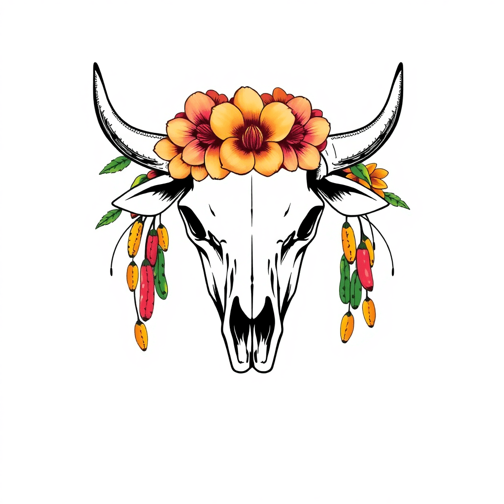 A Cow Skull With Elegant Flowers Around It And Beans Hanging From The Horns