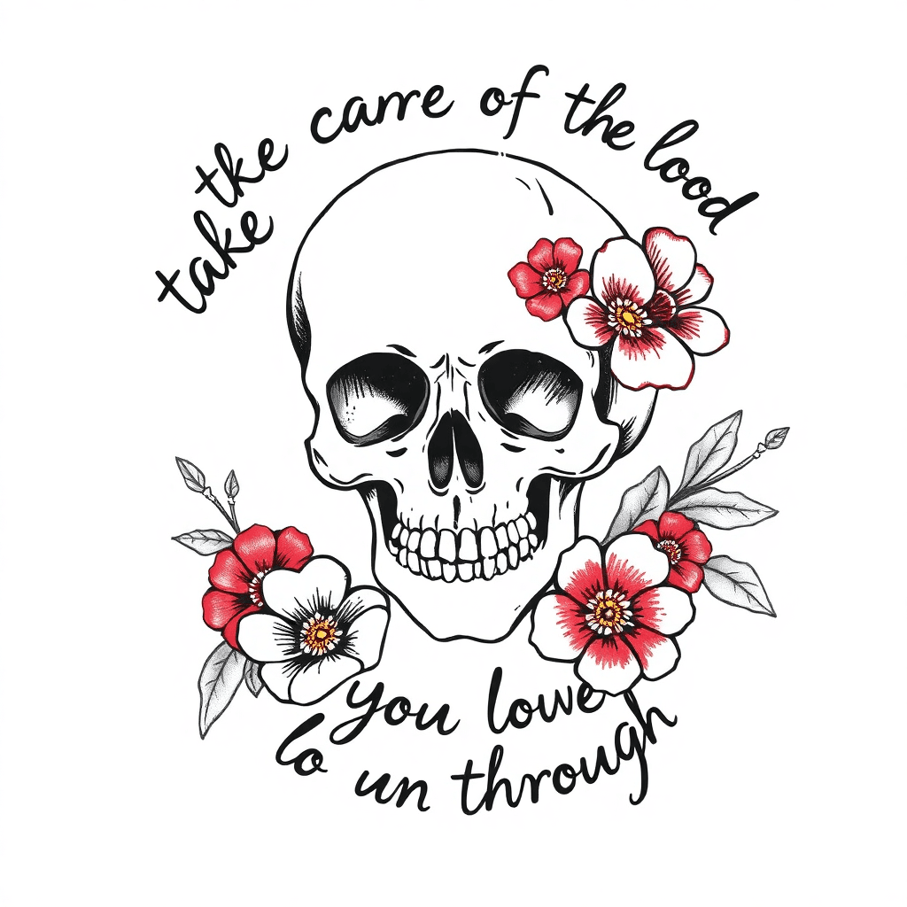 A Skull With Flowers, Words "take Care Of The Blood That Your Loves Run Through", Hints Of Baseball Theme
