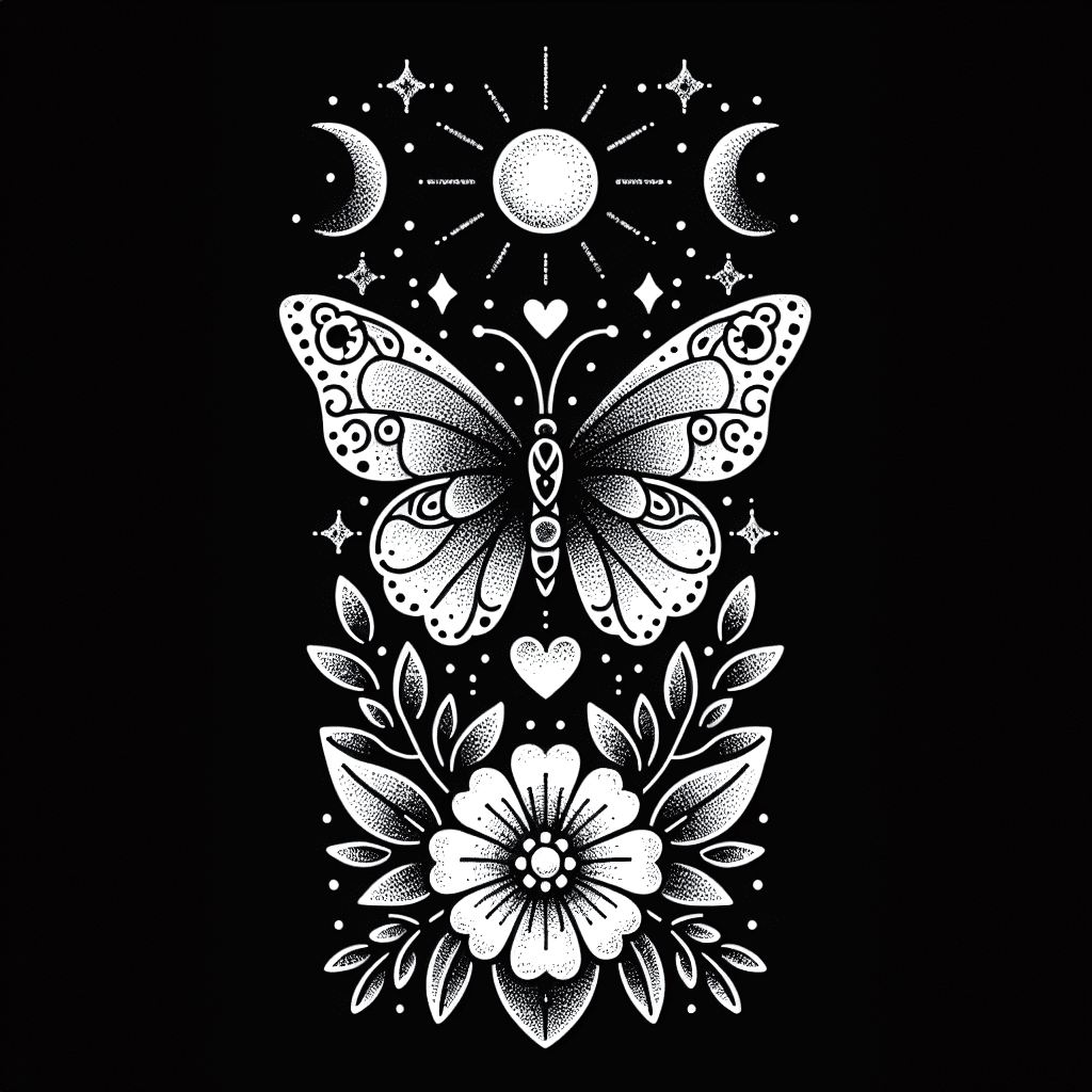 Uma Borboleta Com Uns Corações Bem Pequenos De Detalhe, Uma Flores Centralizadas Em Cima E Embaixo Bem Delicadas E Lindas E Um Sol Pequeno Em Cima Da Borboleta E Uma Lua Pequena Embaixo Da Borboleta
