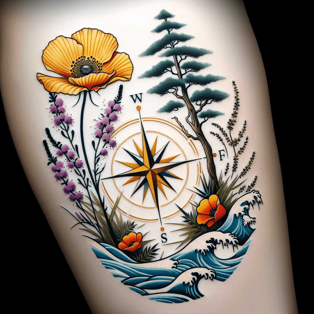A Compass Rose Surrounded By Golden Poppies And A Redwood Tree To The West And Heather And Saxifrage And A Birch Tree To The East And Waves To The South.