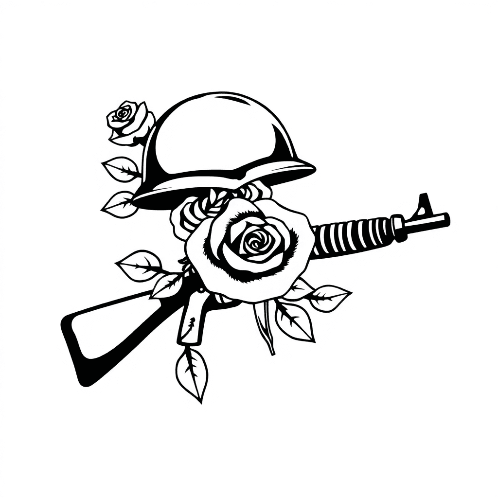 Traditional "ARMY HELMET AND GUN WITH ROSE" Tattoo Design