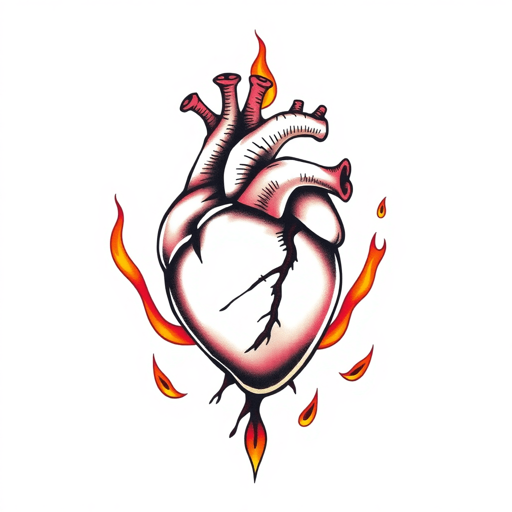 Realistic Heart With Valves. Rooted In A Lake Of Fire