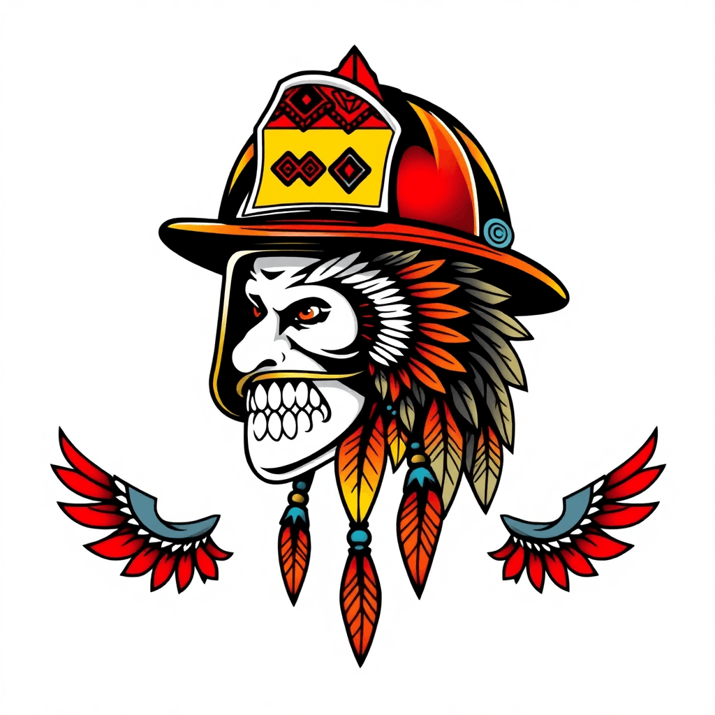 Traditional "firefighter helmet with native American design" Tattoo Design