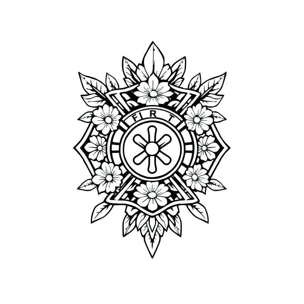 Single line "Firefighter badge Aztec mayan inspired with flowers" Tattoo Design