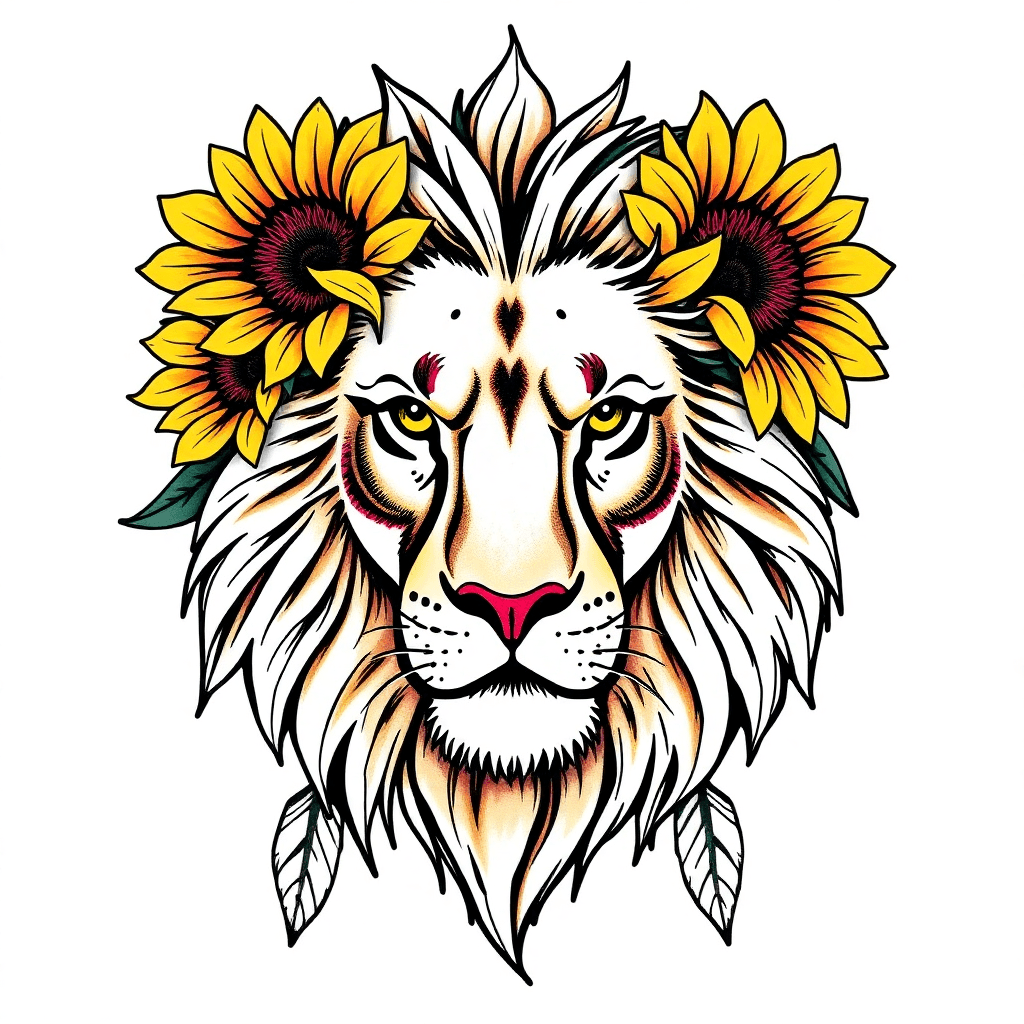 Lion Head With Sunflowers As The Mane