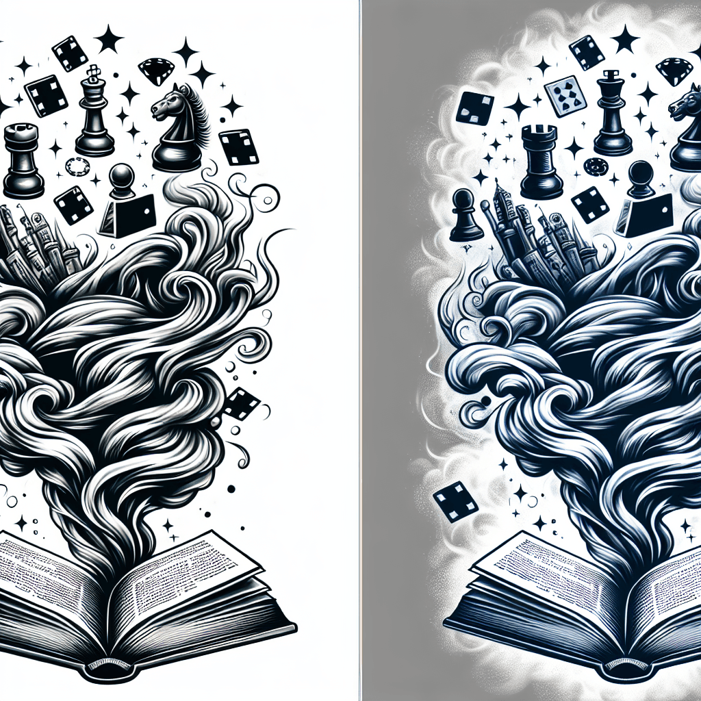 A Tattered Book Opened With Poker Chips And Chess Pieces Magically Rising Up Out Of It With Smoke Swirling And Fog Background