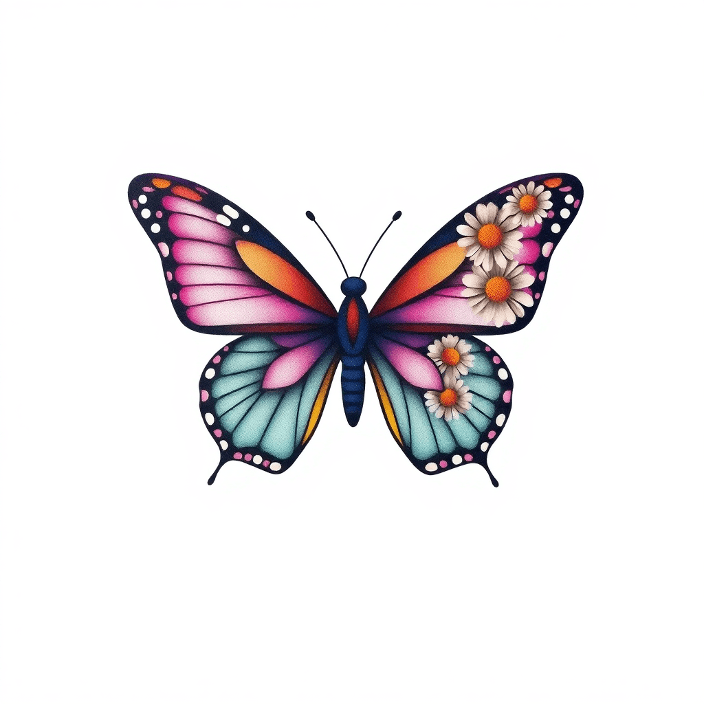 A Butterfly That Has One Regular Wing And One Wing Made Of Daisy Flowers
