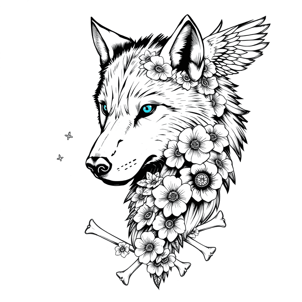 A Wolf With Blue Eyes Tons Of Flowers And Bones With A Eagle As Well