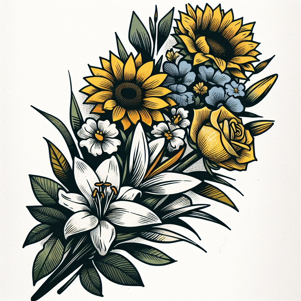 Daffodils, Sunflowers, Water Lilies, A Yellow Rose And A Bird Of Paradise Flower