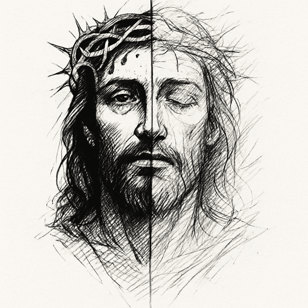 A Realistic Tattoo Depicting The Face Of Jesus Christ During His Suffering At Calvary. The Composition Is Split Perfectly In Half By A Vertical Axis. On One Side, Jesus Is Portrayed With Great Detail