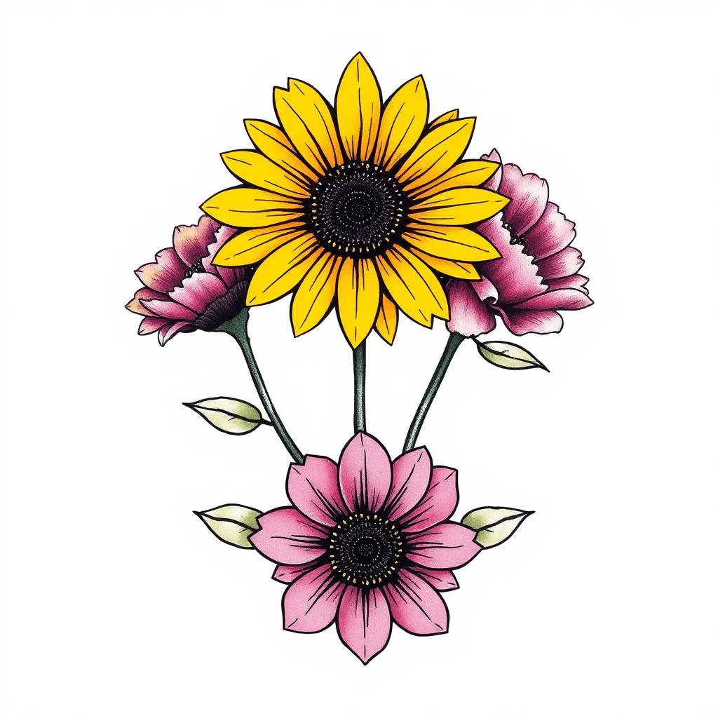 Three Flowers. A Sunflower In Middle Of A Flower On Top And Bottom