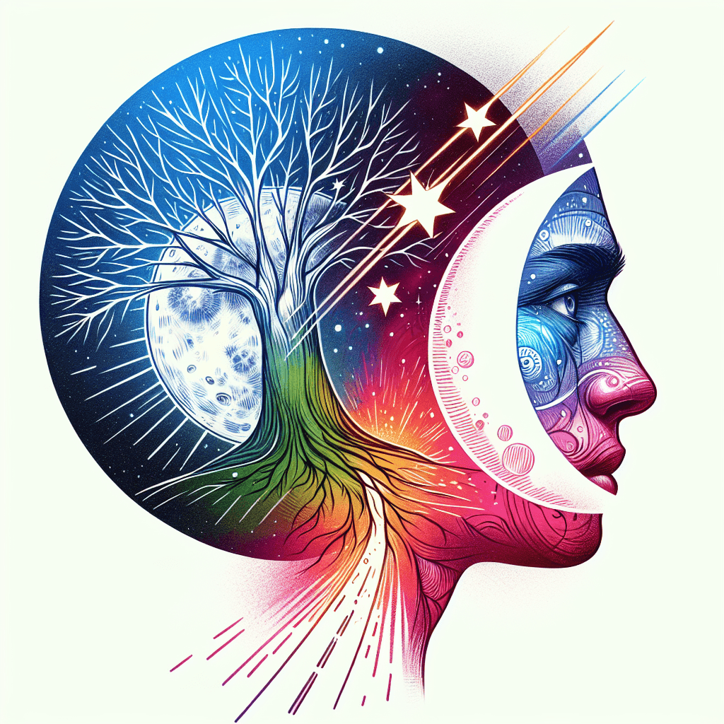 Create A Large Tree Of Life As The Background With A Half Moon Incorporating A Man’s Nose And Eyes And Mouth Into The Moon And Corporate A Large Shooting Star With Two Smaller Stars Streaking