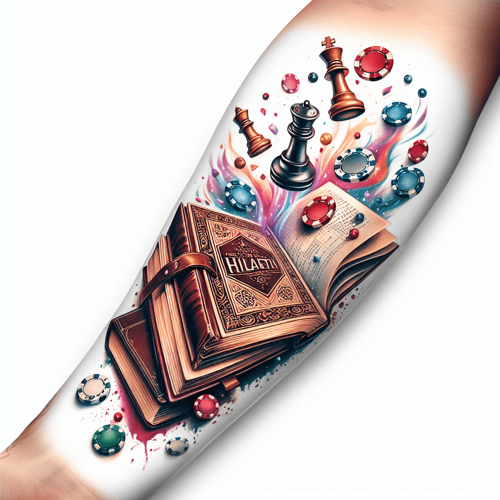 Forearm Tattoo Of An Antique Book Titled "hiraeth" Opened With Poker Chips And Chess Pieces Magically Flying Upwards With Smoke And With The Words "there Are Places I'll Remember"