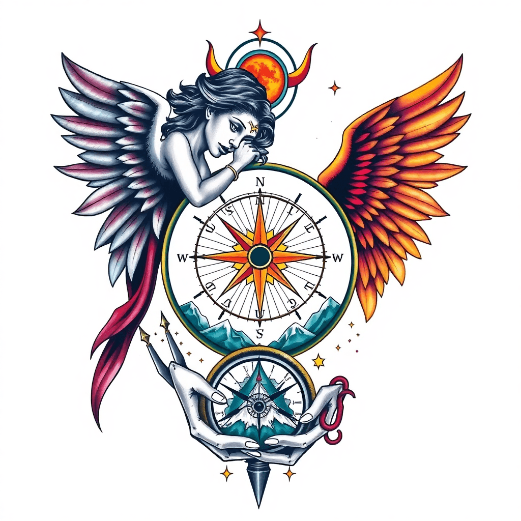 Angel Devil Duality Woman Holding A Compass With Sun Moon Stars Mountains