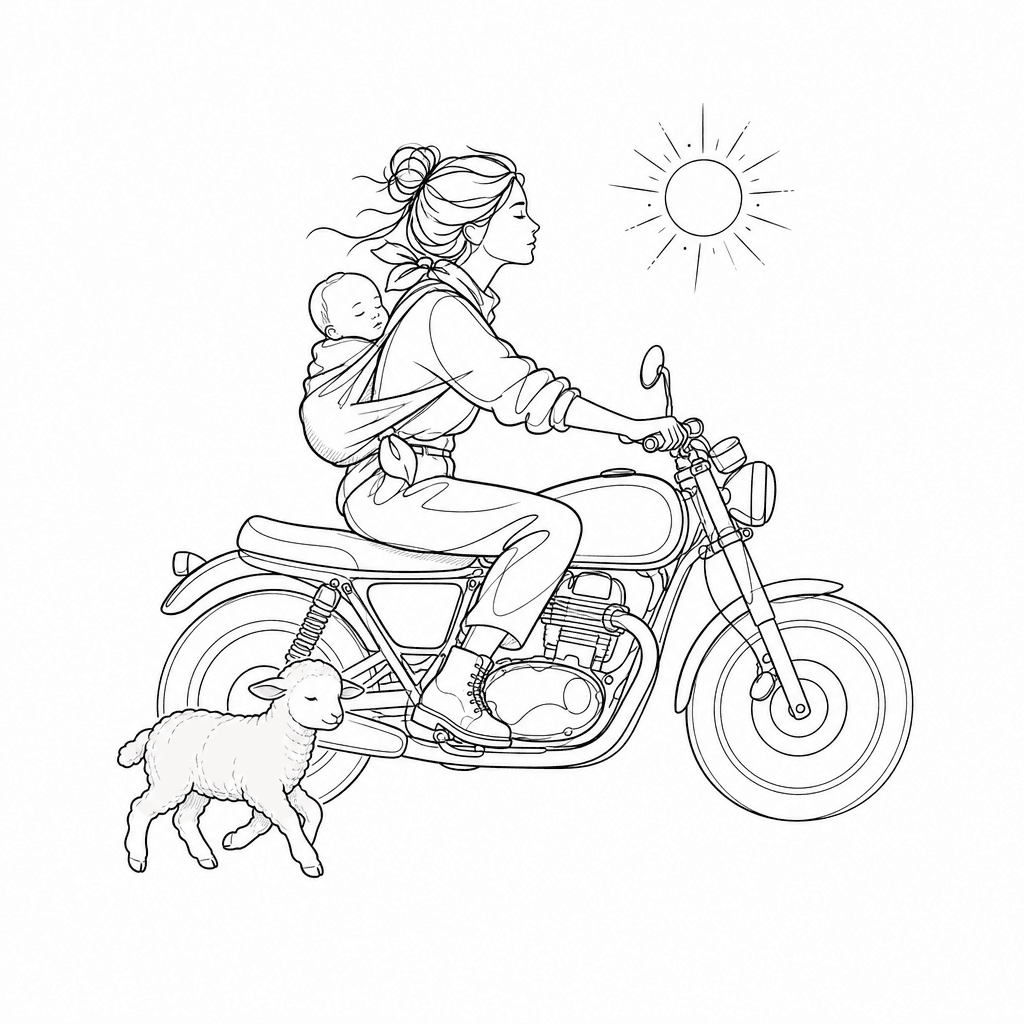 Minimalist Single-line Tattoo Of A Woman Riding A Motorcycle With Her Baby On Her Back, With A Tiny Pink Lamb And A Subtle Sun Symbol.
