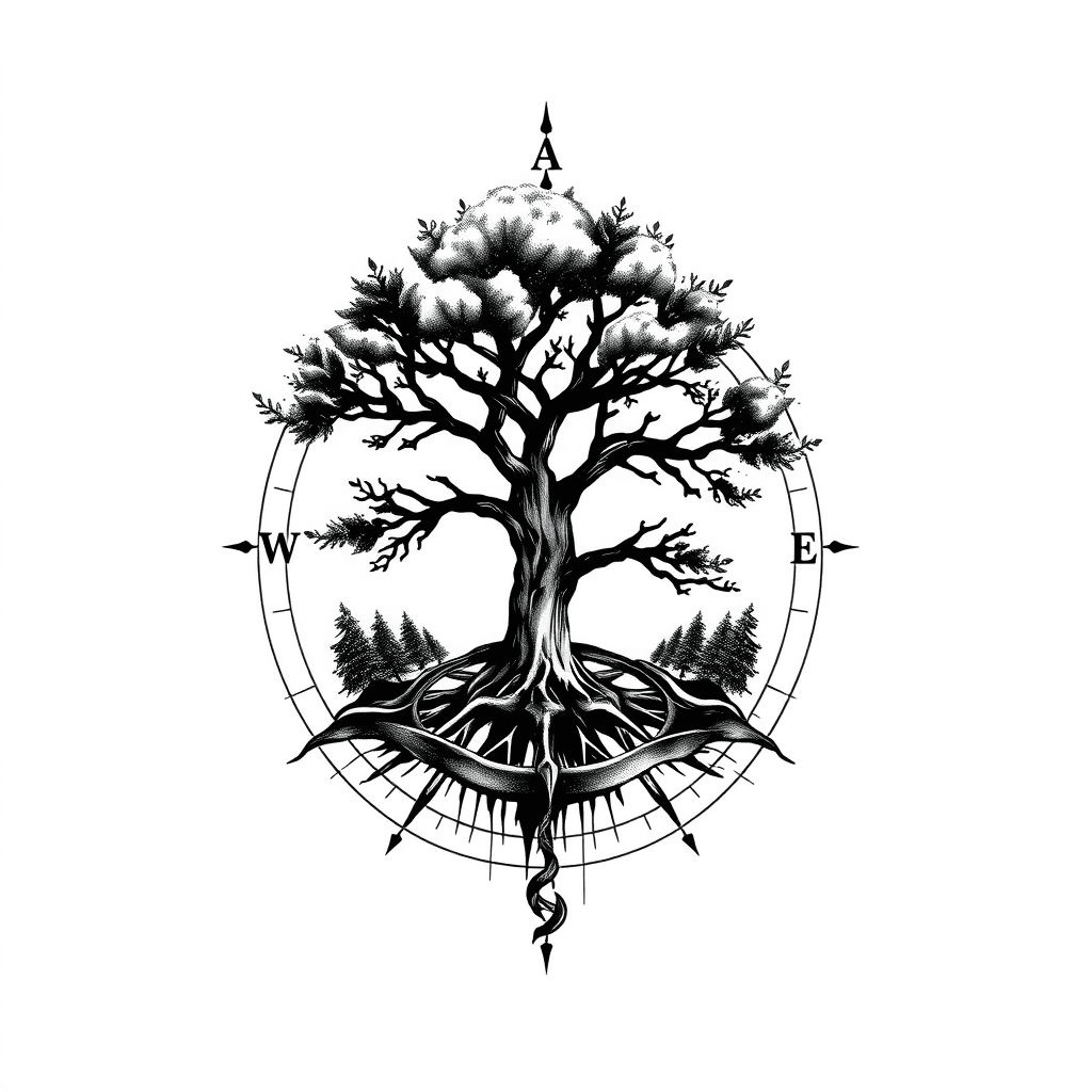 Tree And Compass Whit Coordenades
