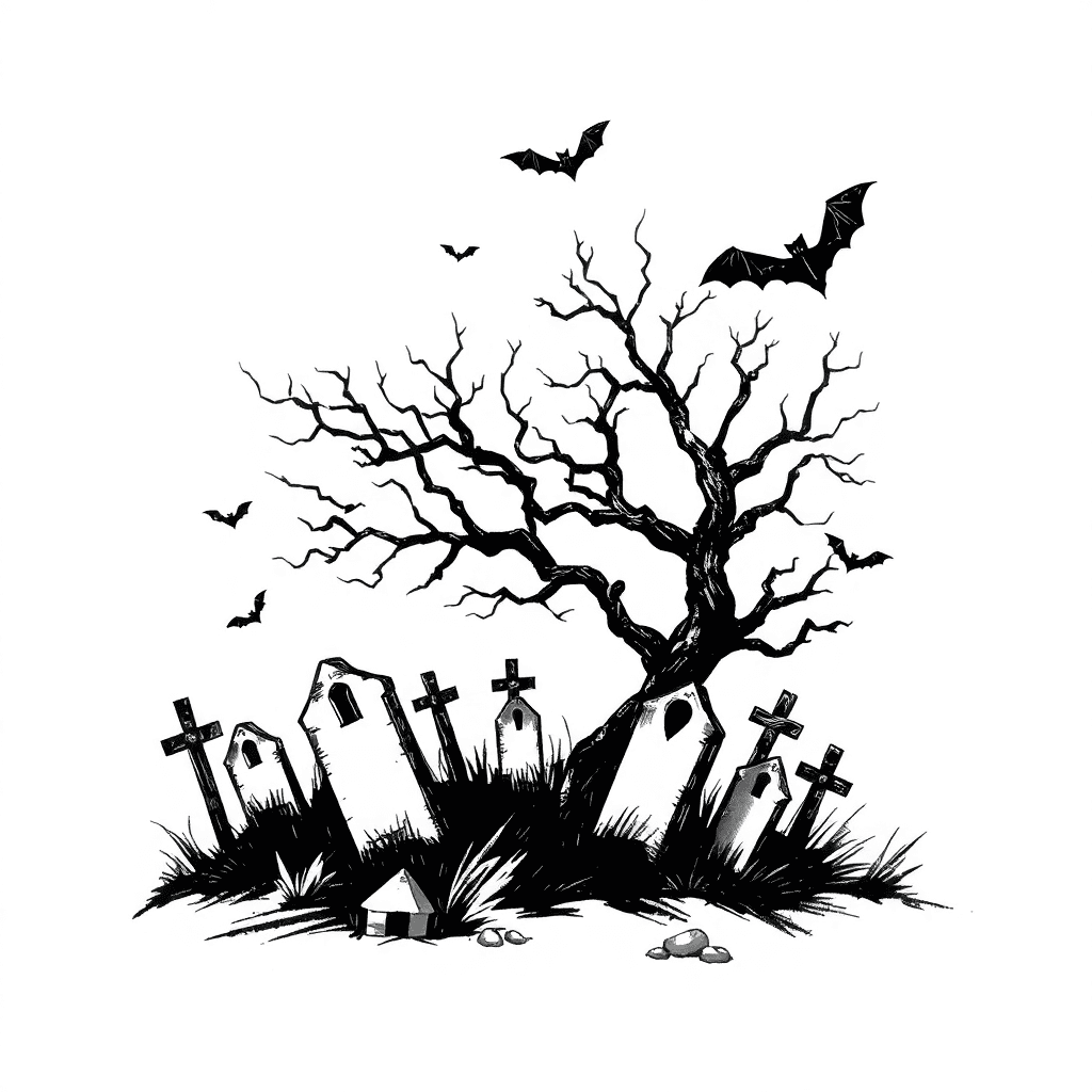 Grave Yard With Tree And Bats