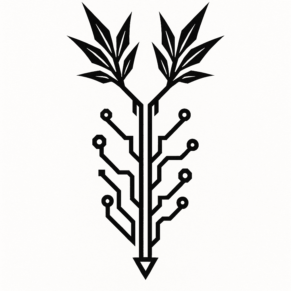 Circuitry Emerging From The Spine That Sprouts Plants At The Top With Sharp Long Blades / Leaves That Reach Up The Sides Of The Neck