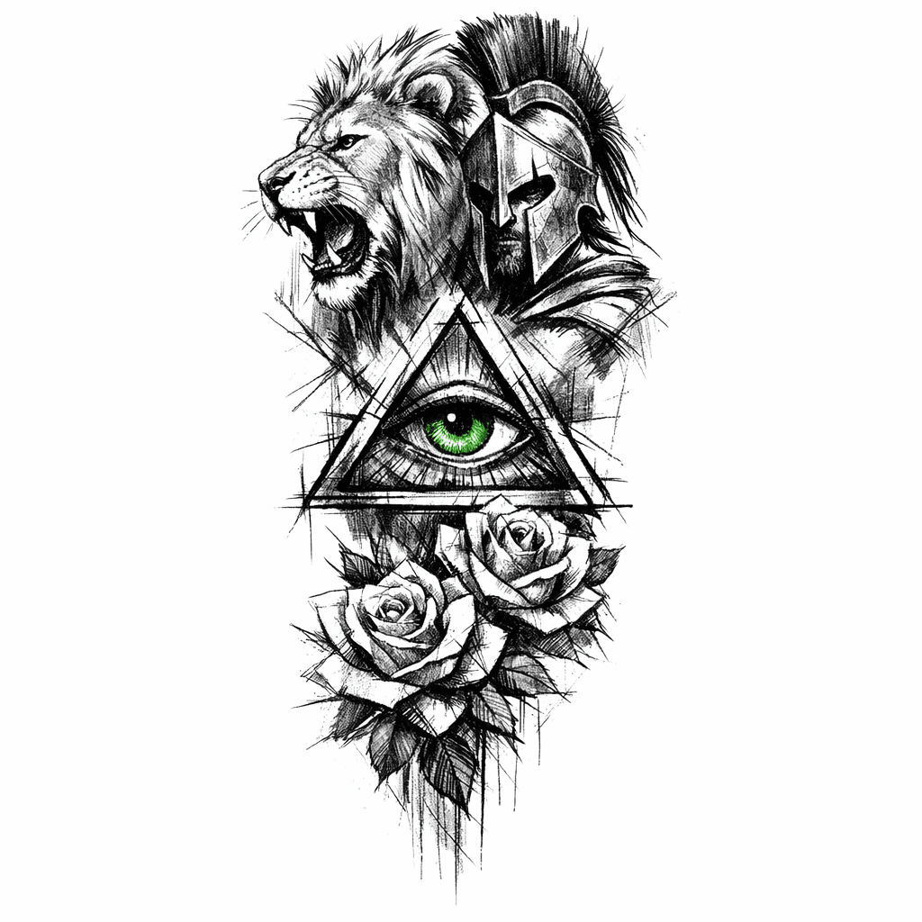 Necesito Un Tatuaje Que Sea De Hombro Hasta La Muñeca Que En La Parte Del Hombro Tenga Un Leon Con Un Espartano Luego Abajo Un Triangulo Con Un Ojo Verde Y Luego Rosas