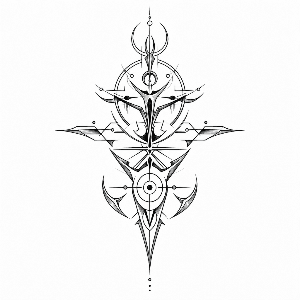 Black Ink Cybersigil Back Tattoo With Alien Symmetrical Shapes
