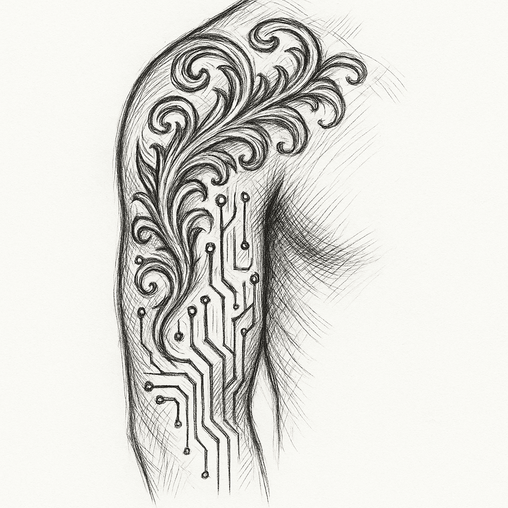 Intricate Filigrane Circuitry Merged With Organic Forms Upper Arm And Shoulder