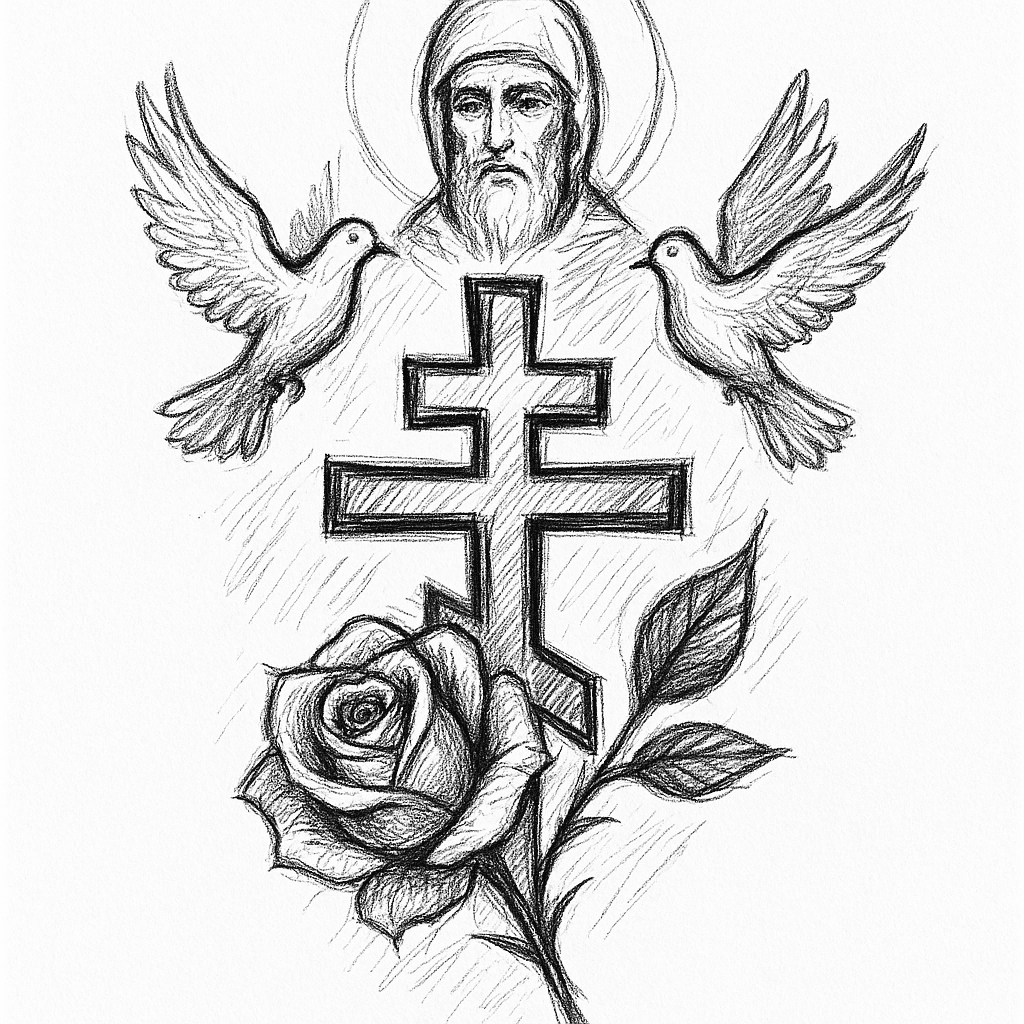 Orthodox Cross With Rose And Doves And A Saint In The Background