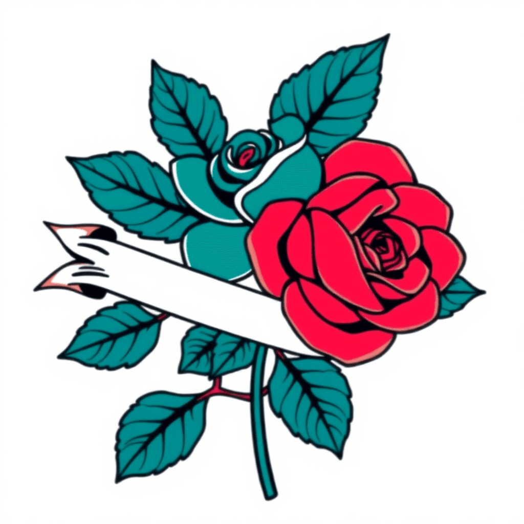Rose With Banner With Lots Of Leaves
