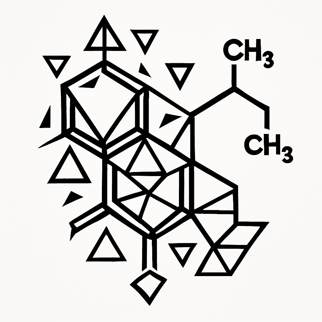 Geometric Tattoo Of The Lsd Molecule With Sharp Lines And Triangles Integrated Into The Structure, Black Ink, Symmetrical, Modern Design
