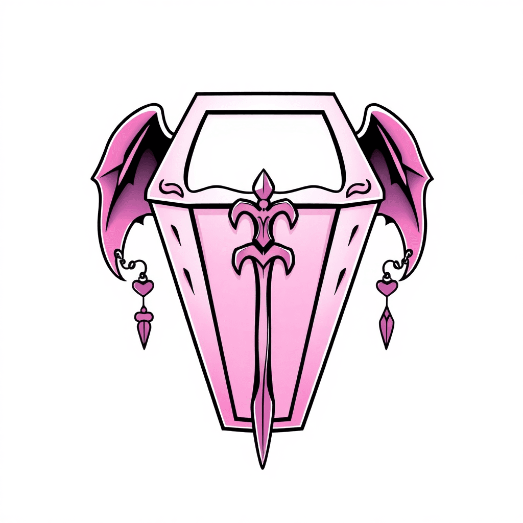 Logo Design Of A Translucent Stencil For A Tattoo Of A Glamorous Kawaii Style Vampire Coffin Thats Pastel Goth Glam Horror With Dangling Glamorous Vampire Pendants Such As A Wooden Stake Logo Sticker