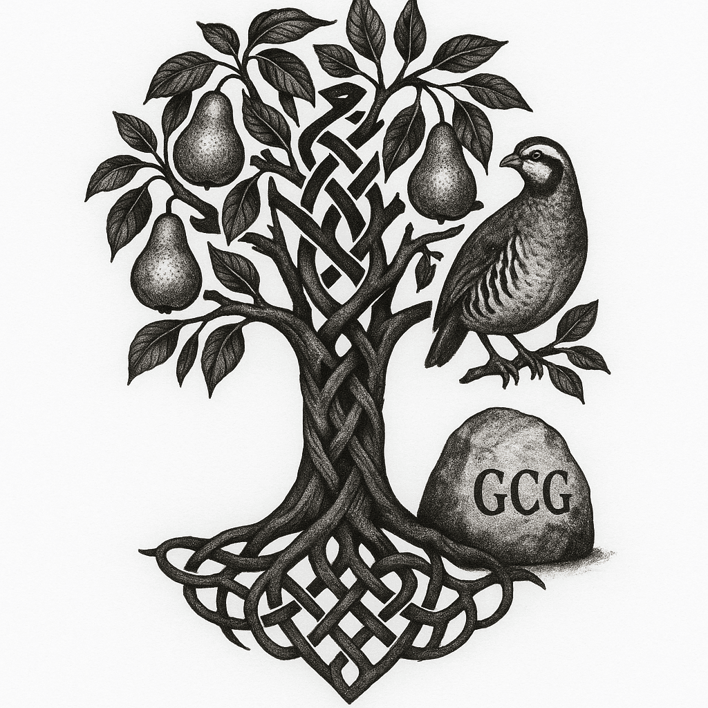 Celtic Tree Of Life. Pears And Partridge In The Tree. Boulder On The Side Of The Tree With The Initials Gcg.