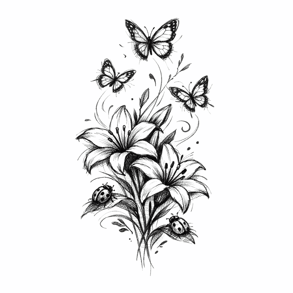 Butterflies Flying Around Lilies And Ladybugs