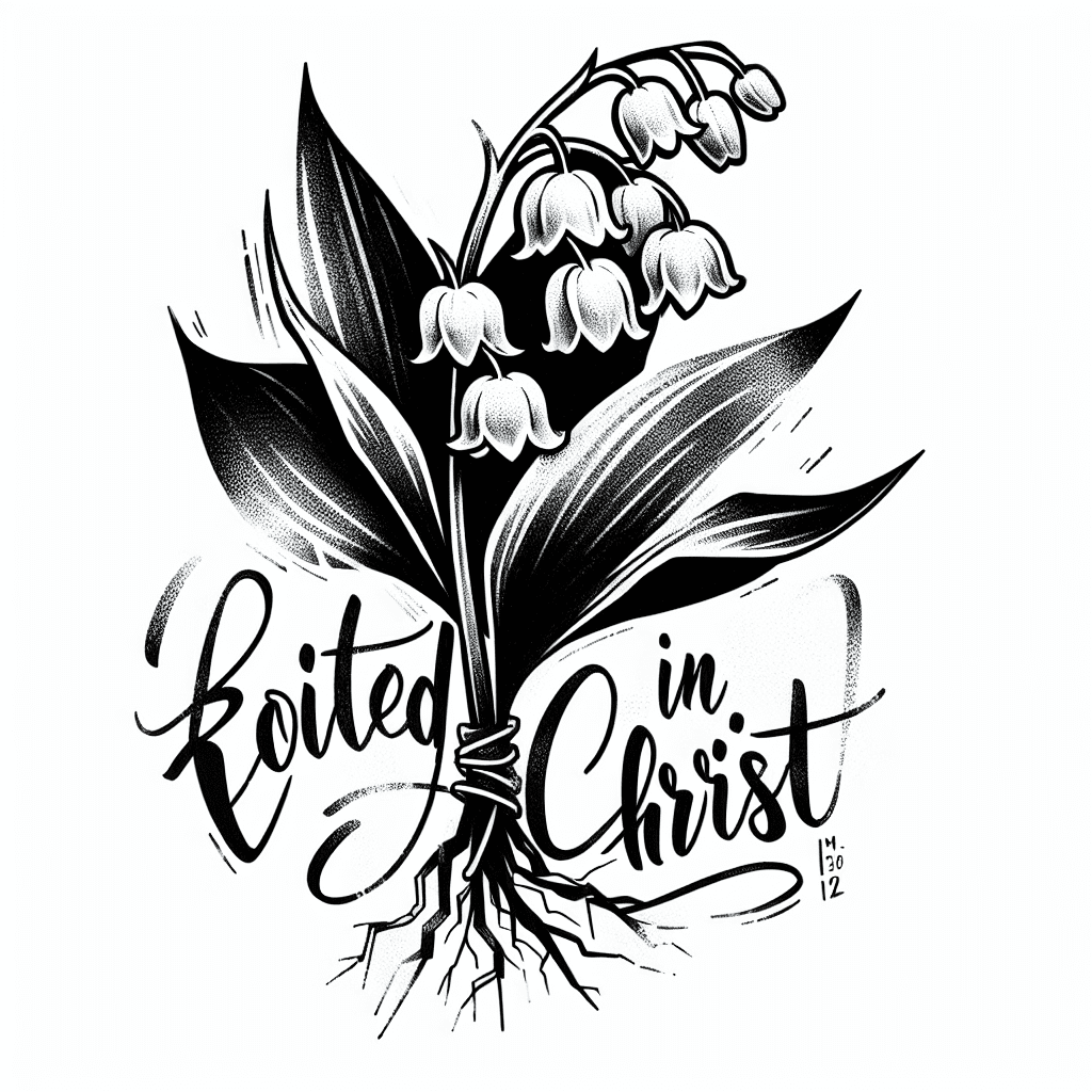 A Lily Of The Valley Flower Connected To Cursive Writing Saying "rooted In Christ"